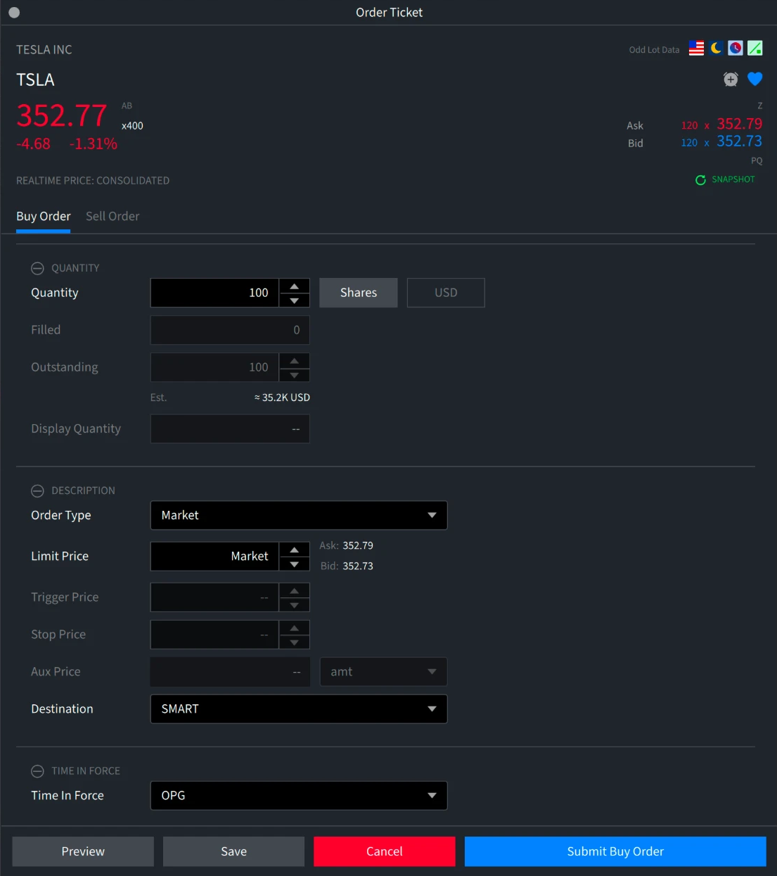 El Order Ticket: Quantity, Order Type en Market y Time In Force en OPG.