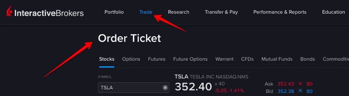 Trade → Order Ticket, y el campo SYMBOL.
