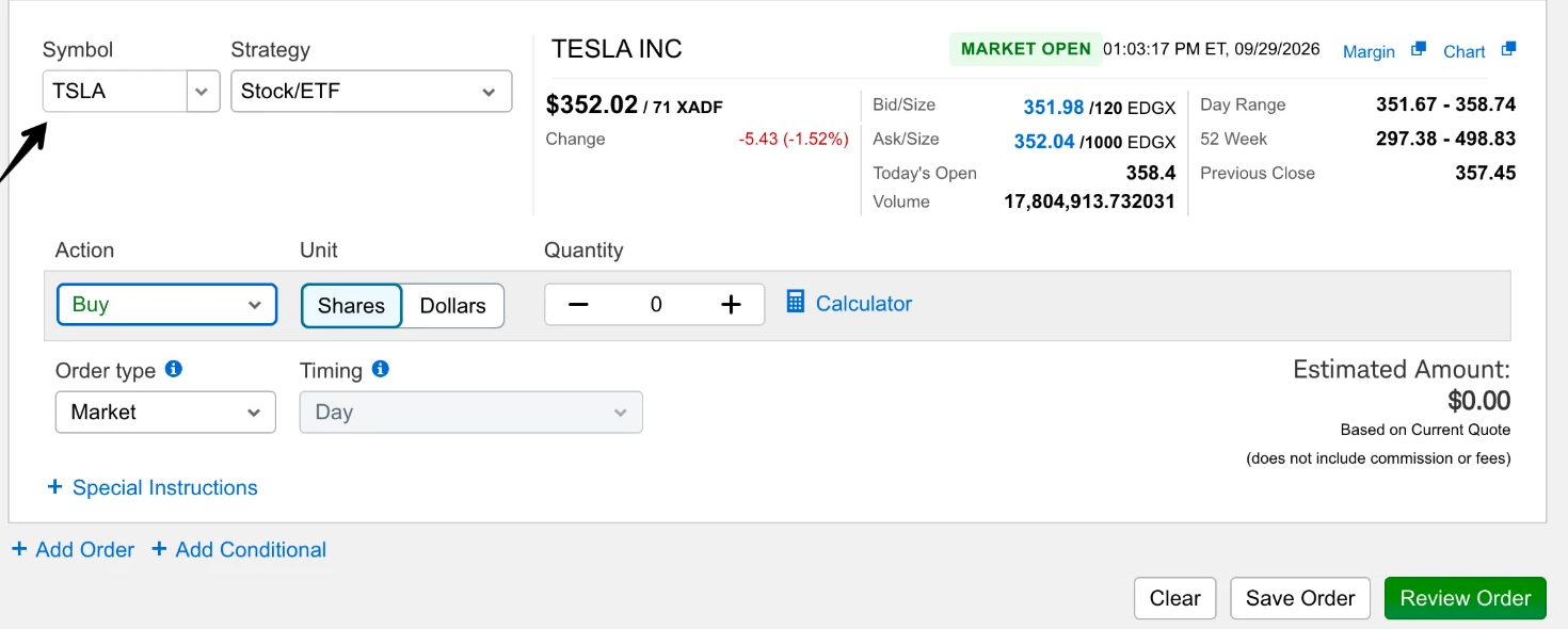 El formulario cargado: Market y Timing en Day.