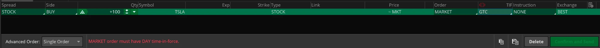 Con GTC, la plataforma avisa que una orden MARKET tiene que ser DAY y no deja enviar.